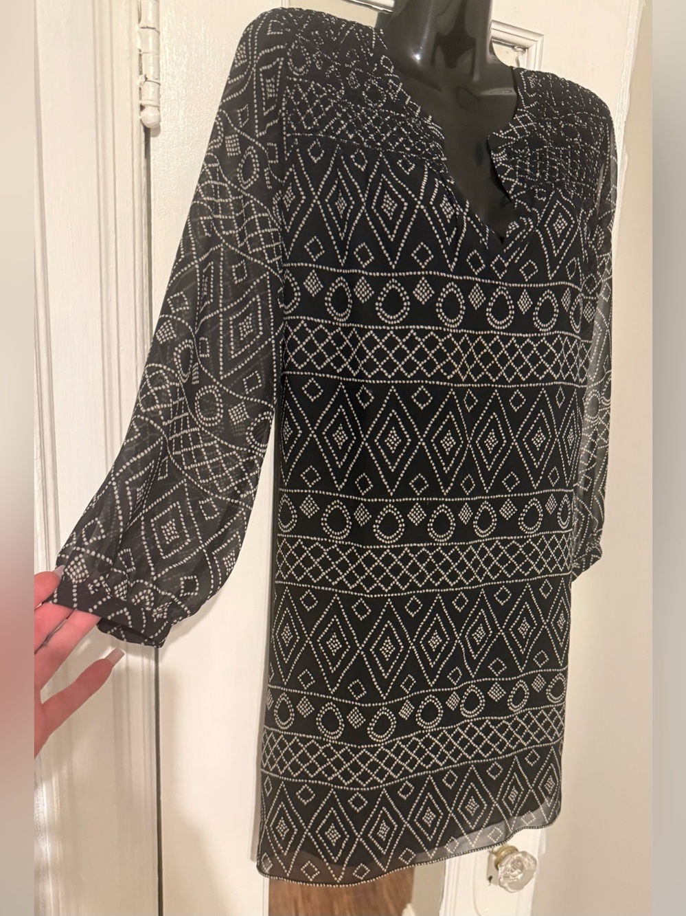 Madewell Black With Geometric Diamond Ikat Smocked Long Sleeve Dress Sz S